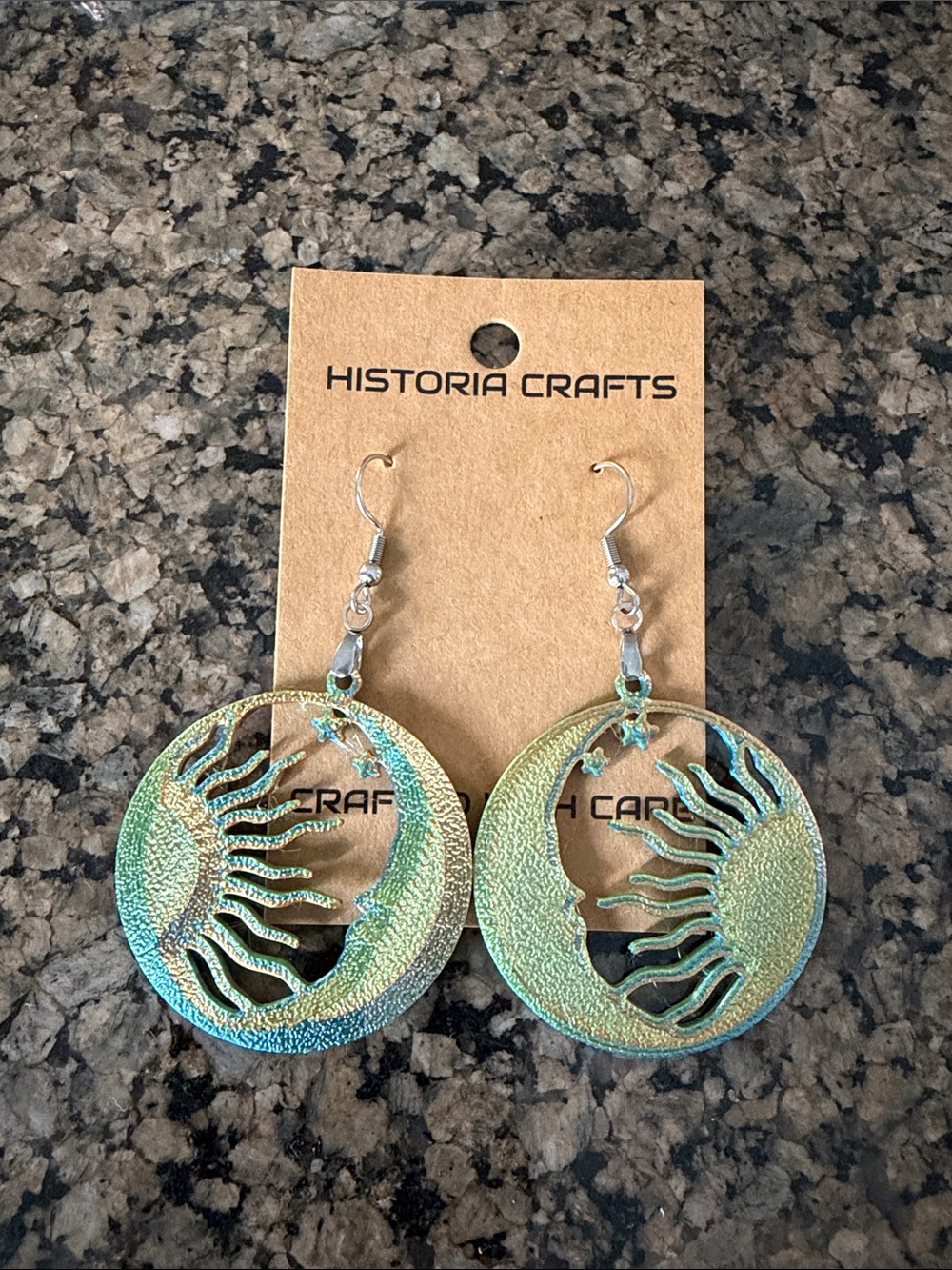 3D Printed Green-Gold Sun & Moon Dangle Earrings